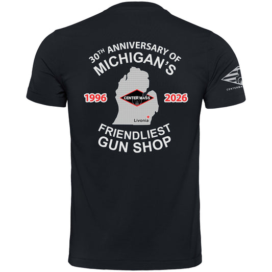 30TH ANNIVERSARY CENTER MASS INC T-SHIRT - MICHIGANS FRIENDLIEST GUN SHOP