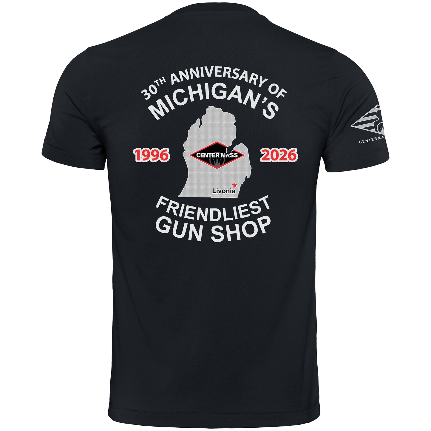 30TH ANNIVERSARY CENTER MASS INC T-SHIRT - MICHIGANS FRIENDLIEST GUN SHOP