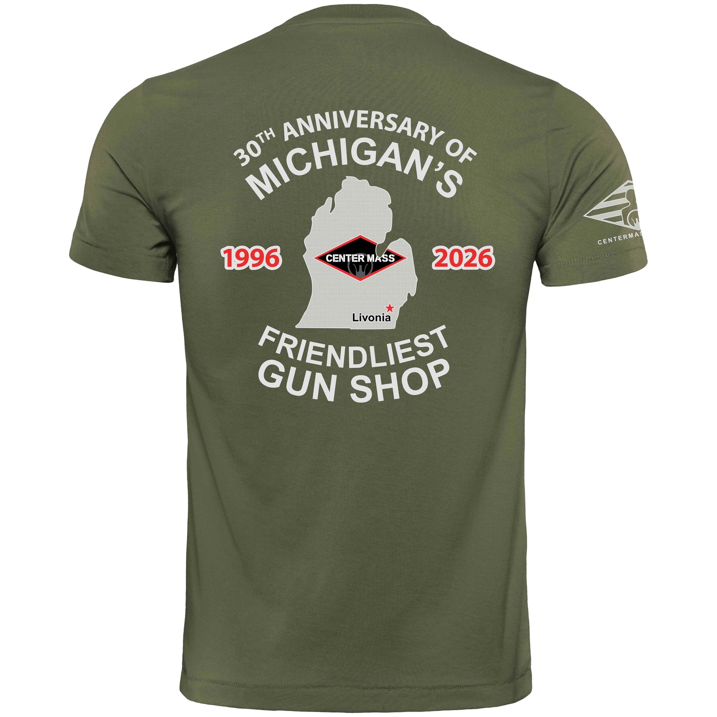 30TH ANNIVERSARY CENTER MASS INC T-SHIRT - MICHIGANS FRIENDLIEST GUN SHOP