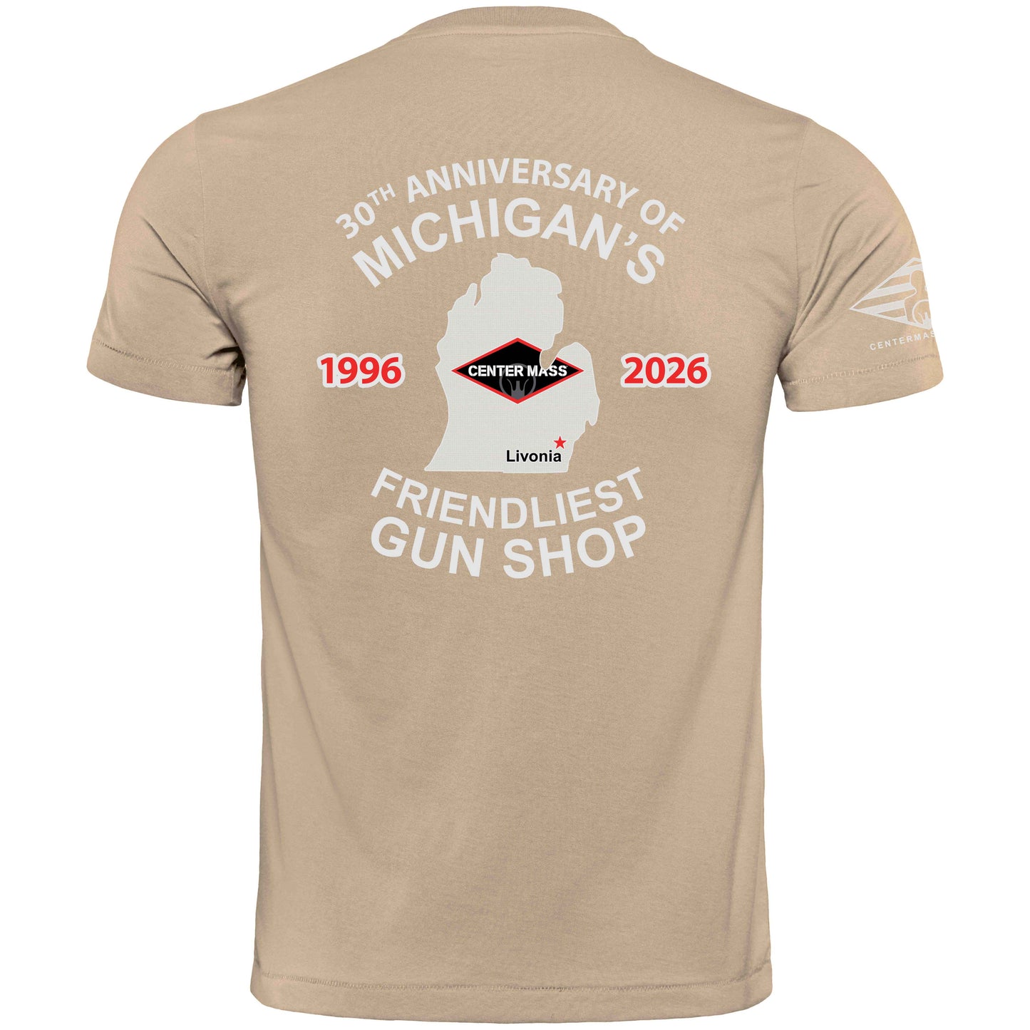 30TH ANNIVERSARY CENTER MASS INC T-SHIRT - MICHIGANS FRIENDLIEST GUN SHOP