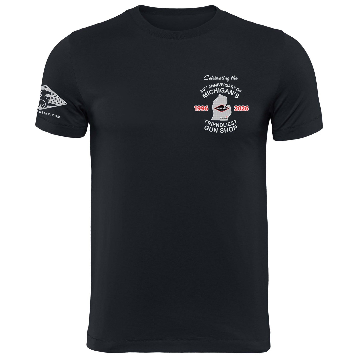 30TH ANNIVERSARY CENTER MASS INC T-SHIRT - MICHIGANS FRIENDLIEST GUN SHOP
