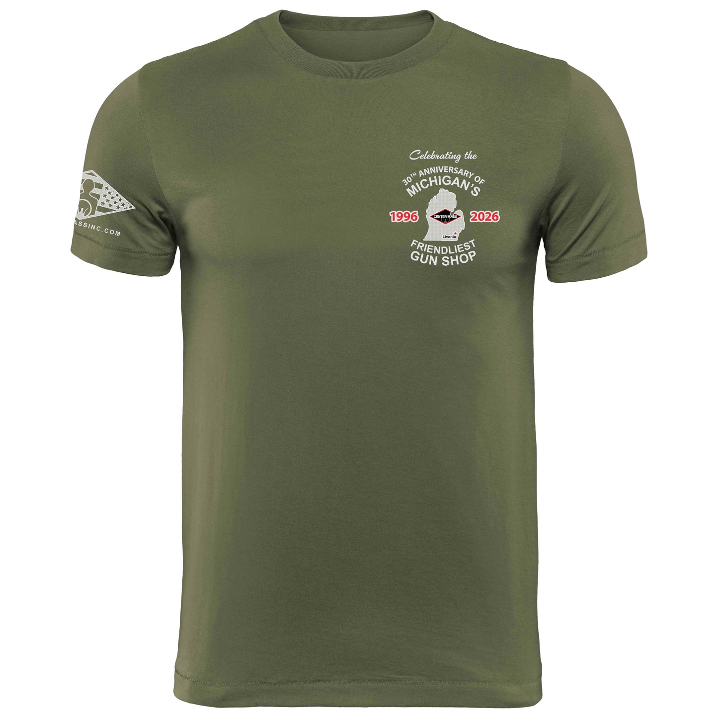 30TH ANNIVERSARY CENTER MASS INC T-SHIRT - MICHIGANS FRIENDLIEST GUN SHOP